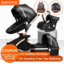 Load image into Gallery viewer, Free ship! Babyfond  3 in 1 baby stroller 360 degree rotate Carriage gold frame PU Pram EU safety Car Seat with Bassinet newborn